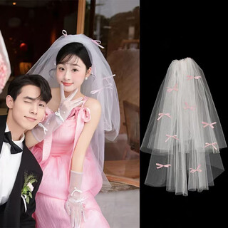 Bai qixin forest style super fairy veil with ribbon and bow bridal veil wedding photo, certificate, proposal and travel photoshoot with a sense of ritual flower pet ribbon and pink bow veil