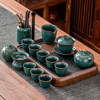 Porcelain brand tea set ge kiln covered bowl teapot tea cup tea set household ceramic tea set full set tea set gift box ge kiln xishi teapot covered bowl tea tasting eight cups 12-piece set + tao pot tray