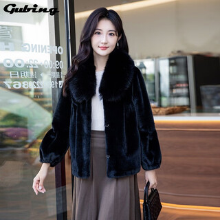 Gu bing imitation fur coat for women autumn and winter new imitation gold mink velvet imitation fur one-piece fashionable fur collar short imitation mink women's black m (100-110jin jin equals 0.5 kg)