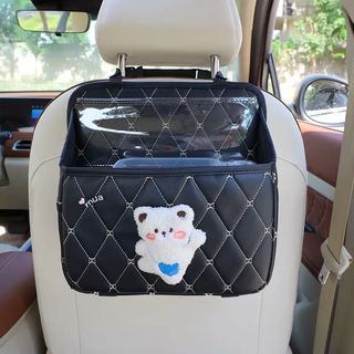 Yusenyi car seat back storage bag, high-end simple car storage hanging bag, internet celebrity ladies car storage backpack, white bear multi-function storage bag, black, comes with waterproof bucket + garbage bag