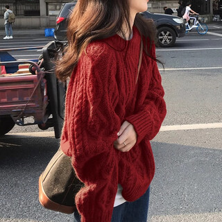 Su yuwei's high-end red twist round neck sweater for women in autumn and winter, lazy style, soft and waxy sweater, loose inner layering top, red. follow the store - free shipping insurance s (80-95jin jin is equal to 0.5kg)
