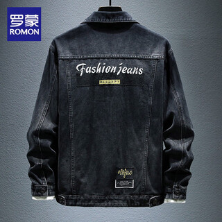 Romon denim jacket men's 2025 spring and autumn large size top trendy brand combed cotton retro embroidery men's work jacket black gray jacket xl