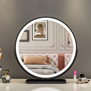 Makeup mirror desktop led with light rotatable desktop student dormitory ins bedroom light supplementary light dressing table round mirror 45cm plug-in rotating model intelligent three-color lamp (black)