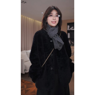 GZQJ【冬日恋歌】羊皮毛一体高级感圆领外套女款2025年最新款冬季3533 黑色 S 36  建议80-110斤
