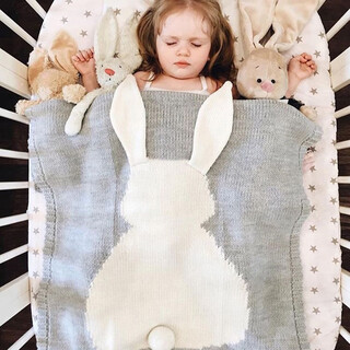 Ershanji children's knitted blanket baby baby blanket soft ins style rabbit ear blanket three-dimensional rabbit warm blanket rabbit blanket light gray