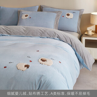 Vje baby velvet milk velvet bed four-piece set winter thickened coral velvet quilt cover sheet sheet fitted double-sided velvet quilt cover puff lamb four-piece set 2.0m sheet type - duvet cover 220*240cm