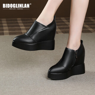 Bidu greenland brand pointed toe inner heightening women's shoes thick-soled wedge leather shoes 12 cm invisible high-heeled genuine leather casual travel shoes black 35 (225mm)