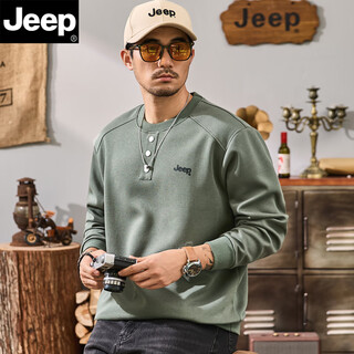 Jeep sweatshirt men's autumn new round neck casual bottoming shirt cotton skin-friendly solid color henry collar t-shirt with dark green xl
