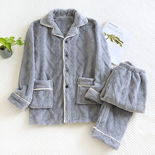 Red bean solid color flannel pajamas for women, long-sleeved, autumn and winter, warm, velvet and thickened couple home clothes set, men's blue m