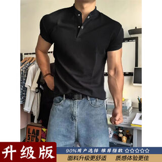 Black henry collar polo shirt short-sleeved men's summer american sports fitness right shoulder t-shirt showing muscle three-quarter sleeves black upgraded version 99 buyer's choice m m suitable for 100-115jin jin equals 0.5 kg