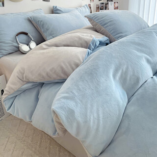 Fantasy milk velvet duvet cover single piece winter plus velvet four-piece set thickened flannel coral velvet duvet cover student dormitory quilt single baby blue + light gray-milk velvet single duvet cover-150x200cm suitable for 150x200cm