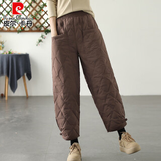 Pierre cardin 2025 new solid color diamond white duck down buckle casual cotton pants for women thickened warm down pants for women's winter outer wear coffee color l recommended 140jin jin equal to within 0.5 kg