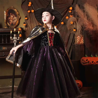 Xiaokayinon halloween children's costume girl cosplay witch dress up girl little devil masquerade performance dress halloween black and purple costume + hat + shawl 150