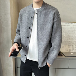 Nyjo european station men's sweater winter slim casual button henley collar sweater jacket warm clothes high-end gray m