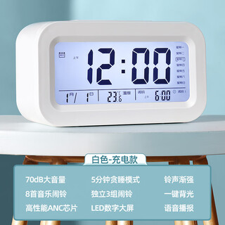 Shijanu germany 2025 alarm clock for students, special wake-up artifact, multifunctional intelligent electronic clock for children, ivory white, voice + weekday + three groups of alarms, rechargeable luminous mode