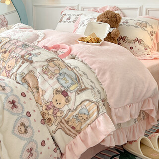 Cheng baobao winter thickened lolita milk velvet bed four-piece set plus velvet coral velvet quilt cover three-piece bed sheet princess style sweetheart coco bear bed sheet style student three-piece set suitable for 150x200cm quilt
