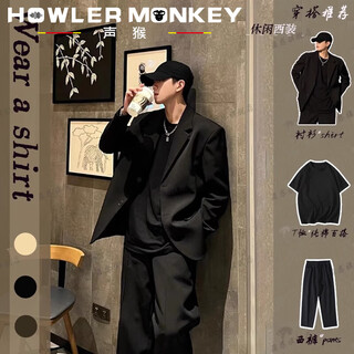 声猴外套男装高级感休闲西装男潮牌痞帅英伦雅痞风格垫肩西服套装 西服+黑短T+西裤【三件套 L