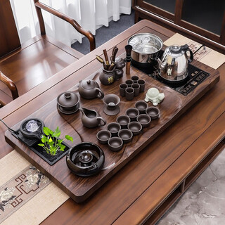Haofeng 2025 new complete tea set set kettle integrated solid wood tea tray home teapot mid-autumn festival gift walnut tea tray/purple sand tea set/automatic pumping 91*44cm