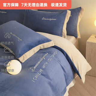 Mercury series home textiles 180 count autumn and winter thickened milk velvet four-piece set embroidered double-sided plus velvet baby duvet cover type a bed sheet sapphire blue + champagne color 1.8m bed sheet four-piece set