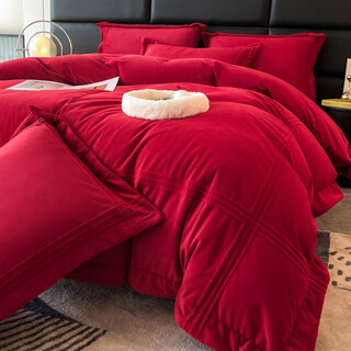 Mercury series home textiles winter simple red class a baby velvet wedding four-piece milk velvet quilt cover flannel wedding bedding class a baby velvet buried rope style - luxury red 1.8 sheet style four-piece quilt cover 200x230