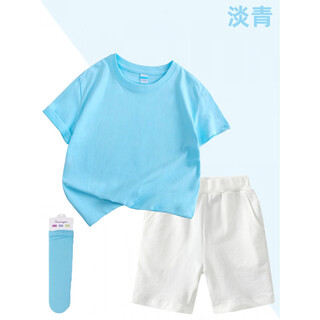 糖果彩色t恤儿童学生班服幼儿园夏令营研学聚会表演出服亲子套装 淡青+袜子+五分裤 100 cm