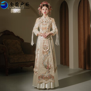 Oimg light luxury 2025 new golden xiuhe suit high-end bridal chinese wedding dress heavy industry luxury toast suit shuangfeng heavy industry champagne color no headgear s