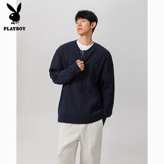 Playboy (playboy) 2025 new navy american henley collar sweater men's winter thickened men's knitted sweater twist inner top navy blue 2.0 xl
