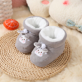 趣尔熊婴儿鞋子冬季鞋袜加绒保暖不掉鞋6-12月宝宝软底女宝新生儿鞋子男 精灵兔灰色 法兰绒 均码 内长13cm 推荐10到12个月