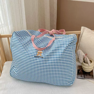 Yusenyi kindergarten quilt storage bag clothes bag student luggage bag portable bedding storage blue check bear large size 58x44x23cm