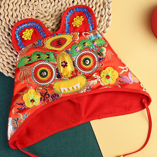 Tiger head hat new baby traditional chinese embroidery full moon hundred days birthday wine photo baby hat dalong golden nose red 16 free size 3 months - 8 years old free size