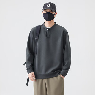 Jiebinlu high-end solid color sweatshirt for men spring and autumn 2025 new trendy loose henry collar top men's casual bottoming shirt dark gray m recommended 100-120jin jin equals 0.5 kg