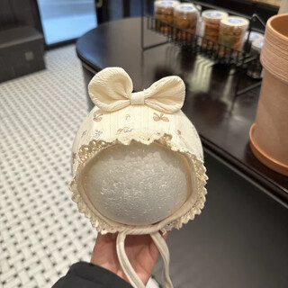 宝宝帽子春秋护耳帽可爱韩版纯棉系带宫廷帽婴幼儿出游包脸帽胎帽 米色_蝴蝶结 170 0-6个月帽围36-40cm_均码