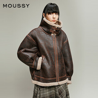 moussy 2025冬季新品街头复古风羊羔毛拼接做旧皮衣028IAA30-1044 060棕色 均码