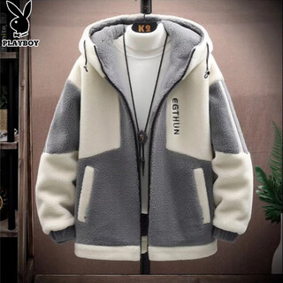 Playboy lamb velvet jacket men's winter loose and trendy junior high school student quilted thickened grain velvet men's jacket off-white xl