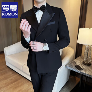 Romon groom suit men's suit wedding high-end tuxedo dress korean style business casual double-breasted suit jacket 2503 black (suit jacket) 7xl