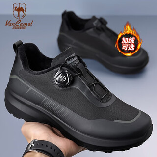 Western camel (vancamel) outdoor hiking shoes for men 2025 winter new rotating button plus velvet shoes thick sole cushioning hiking sports shoes for men black custom plus velvet model 42 standard leather shoe size