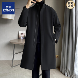 Romon autumn and winter zipper design stand-up collar woolen windbreaker men's mid-length thickened casual woolen coat trendy black m