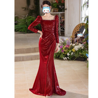 Wenmi evening dress for women, high-end light luxury, dignified and decent, autumn and winter long-sleeved bridal toast dress, burgundy sequins, burgundy xl