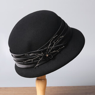 Lanshimengdai 2025 new retro elegant wool basin hat top hat for women autumn and winter exquisite bead flower decoration lady style hat black 56-58cm