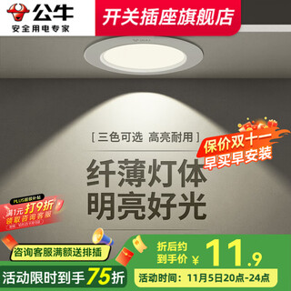Bull (bull) downlight embedded led three-color ceiling hole light household ultra-thin anti-stroboscopic ceiling light aisle light cat's eye light 4w three-color downlight opening 70-85