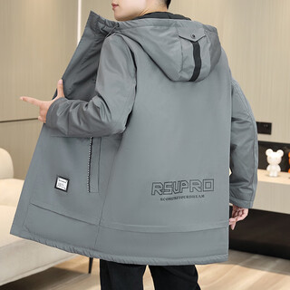 Ximanchen hangzhou italian-french windbreaker men's mid-length autumn and winter men's hooded plus velvet thickened style trendy handsome casual jacket gray xl