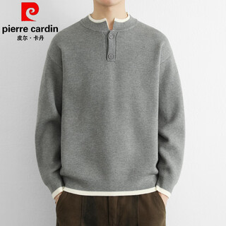 Pierre cardin japanese henley neck sweater men's autumn and winter new thick loose casual design contrast color v-neck sweater gray m 100jin jin is equal to within 0.5 kg