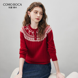 Comonboka 2025 autumn and winter fair isle cardigan women's knitted sweater round neck thickened sweater burgundy s