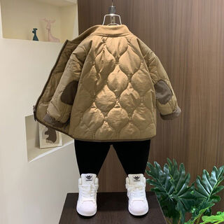 男童轻薄棉服2025新款儿童秋冬季帅气夹棉衣服宝宝春秋装保暖外套 咖啡色波浪压线线轻薄棉衣 100 100cm建议身高95左右