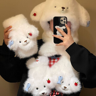 Ctrlend plush puppy gloves for women winter warm and coldproof student cycling cute plush thickened cycling hat xiaoyu cherry dog plush scarf