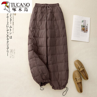 Woodpecker high-end down cotton pants for women 2025 winter european station elastic high-waisted loose casual plaid quilted warm wide-leg pants brown (small amount) m recommended 90-110jin jin equals 0.5 kg