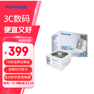 航嘉（Huntkey） WDK系列金牌电源 台式电脑电源 额定650W/750W/850W 游戏电脑主机电源（宽幅电压/PCIE5.0接口) 模组版WD750K-750W白色（全电压设计） 金牌