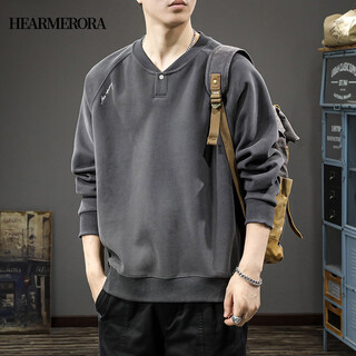 Hearmerora2025 spring new henry neck sweatshirt men's fashion brand embroidery splicing heavy weight loose pullover casual dark gray m _suitable weight 90-130jin jin is equal to 0.5 kg