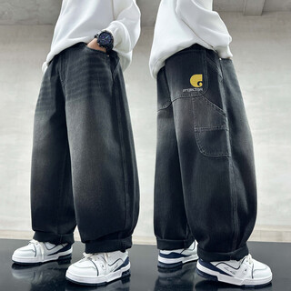 小红书爆款男童裤子春秋款2025新款儿童秋装宽松直筒裤男孩秋季时 黑色 cm 120