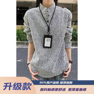 Black and white striped long-sleeved polo shirt for men in autumn, heavyweight lazy high-end henry collar sweatshirt with base layer white, upgraded style m